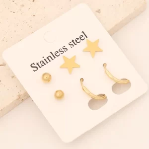 Conjunto de Tres Aretes Dorados: Candongas, Estrellas y Esferas