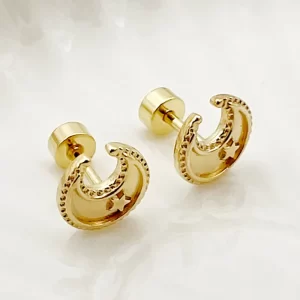 Aretes Dorados Luna con Estrella en el Centro